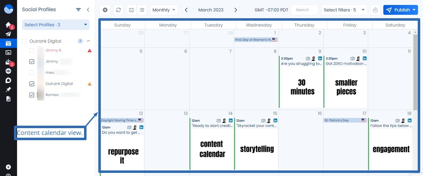 Instagram Community Guidelines: Content calendar view in Vista Social.