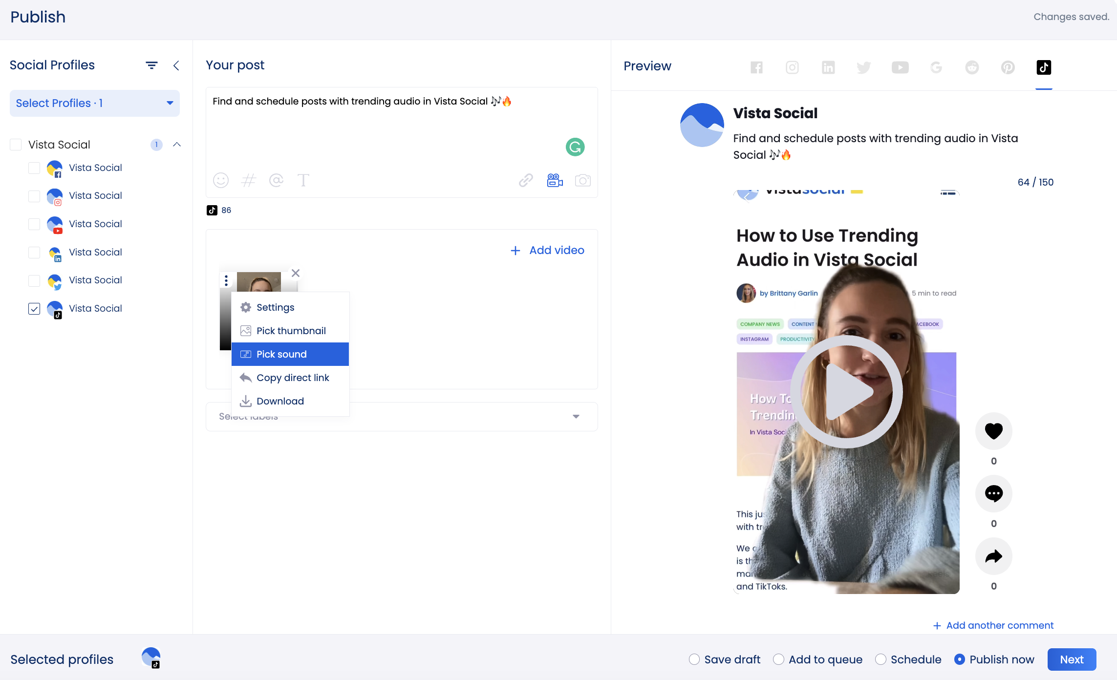 Add Audio & Songs to your TikTok videos in Vista Social
