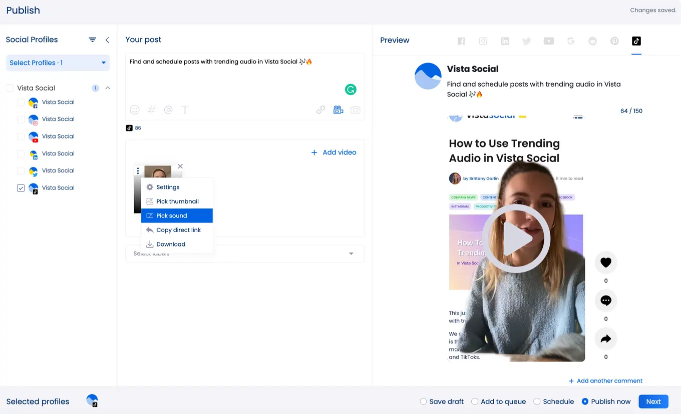 Add Audio & Songs to your TikTok videos in Vista Social