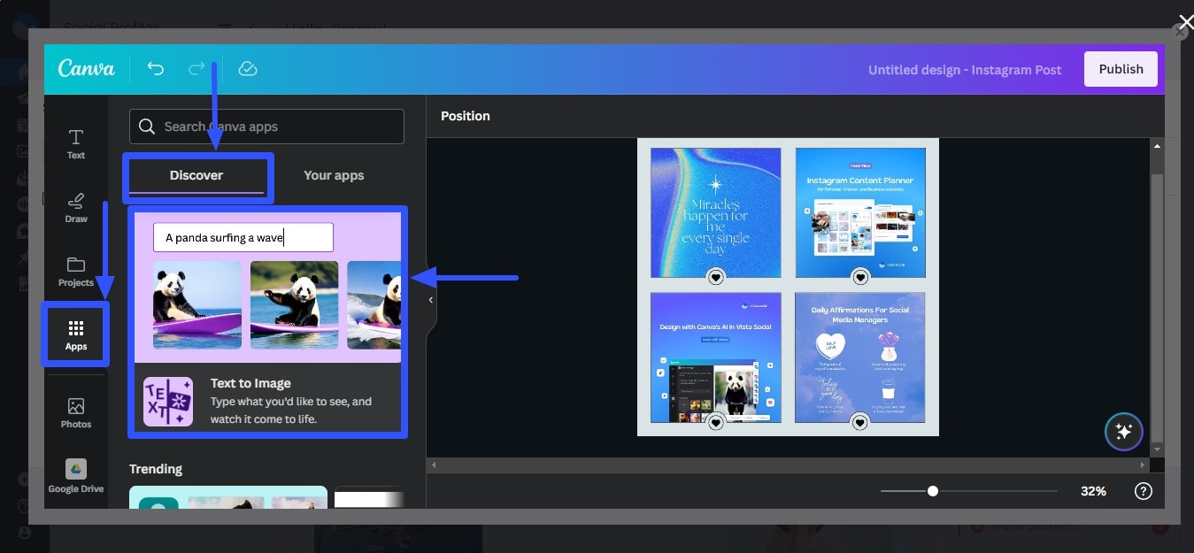 Click Apps on the Canva editor’s side menu and select the Text to Image option.