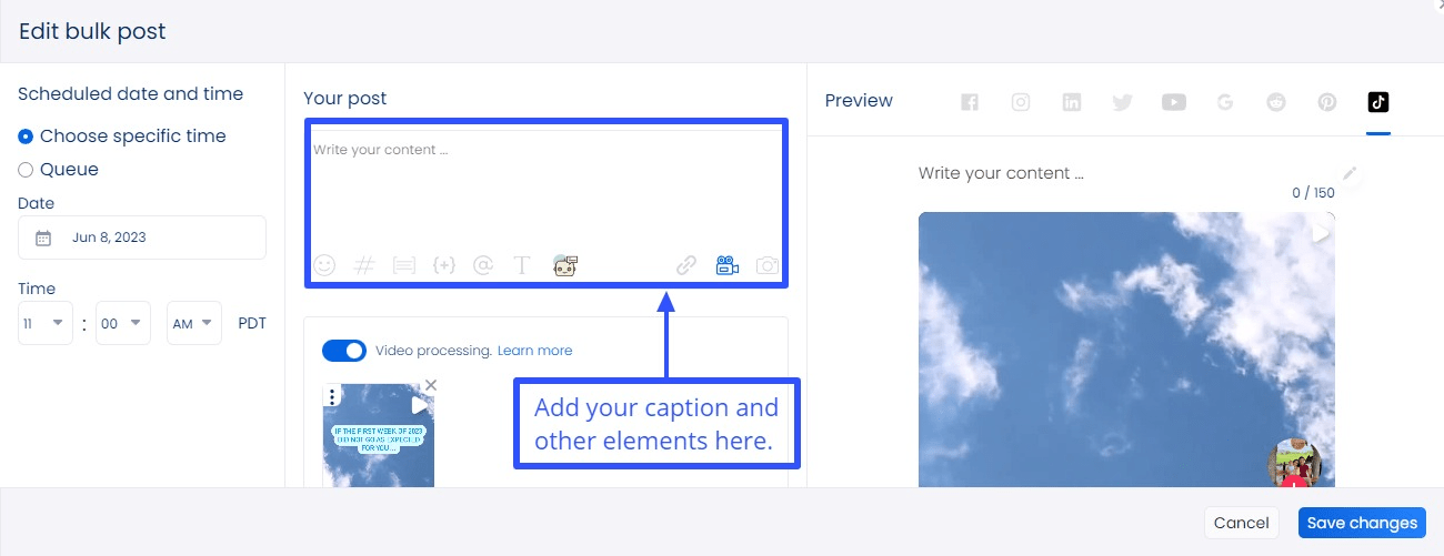 Add descriptions, hashtags, emojis, mentions, and other elements.