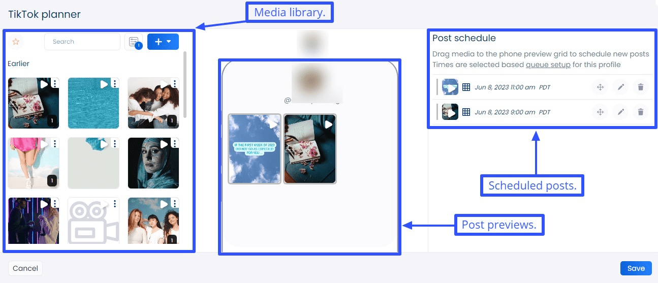 On the TikTok planner page, you’ll see your media library on the left.