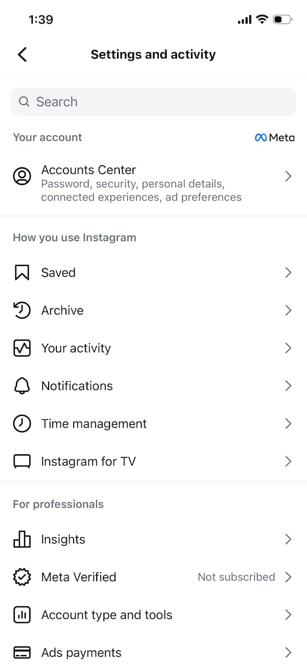 A screenshot of a user's settings in the Instagram app.