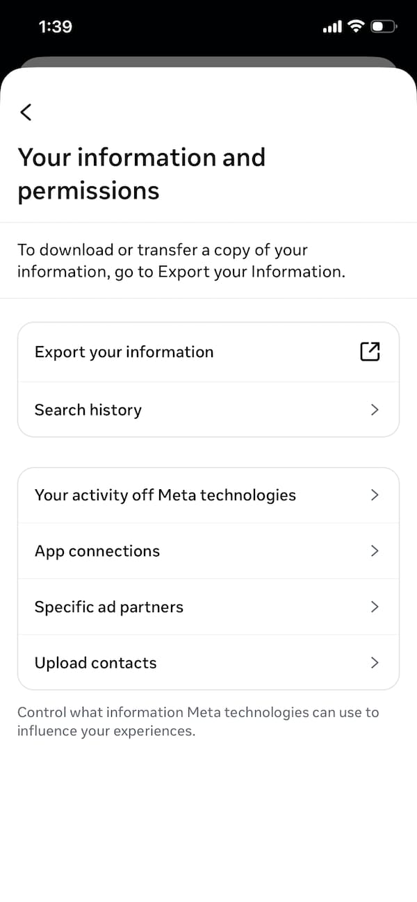 A screenshot of the "Your information and permissions" interface in the Meta Accounts Center.