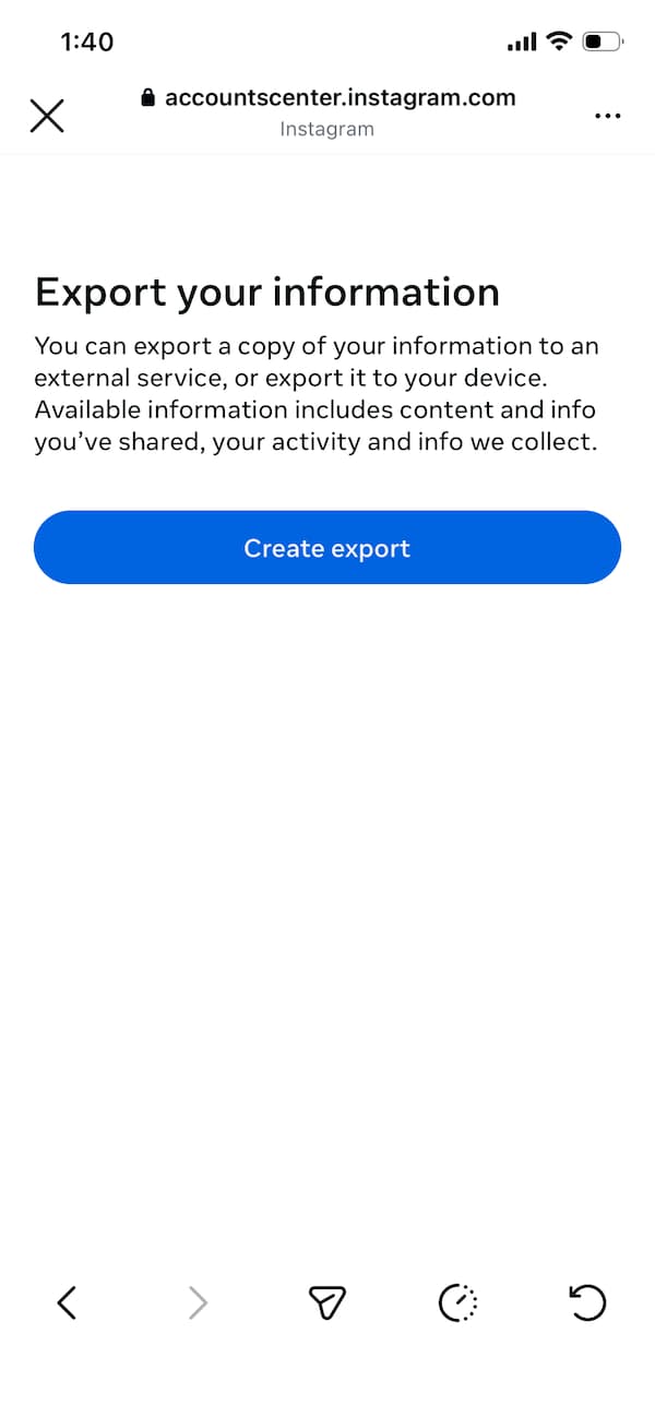 The dashboard where Instagram users can export backed up information from their app.