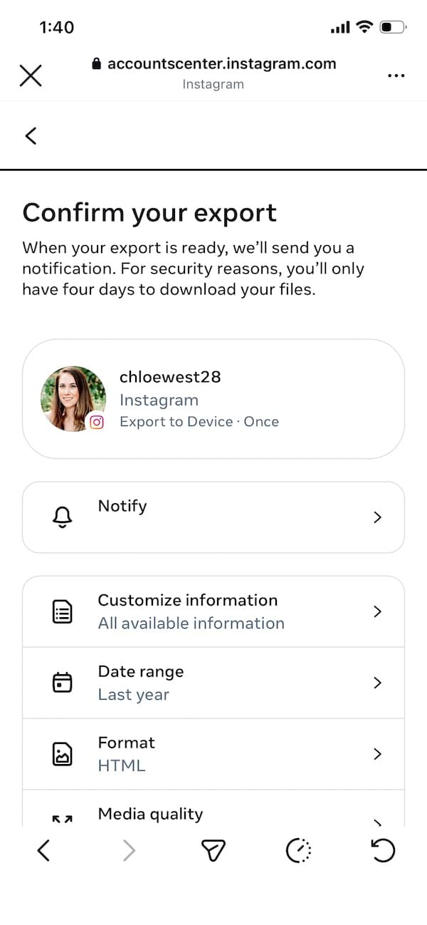 The export confirmation interface in Meta's Account Center.