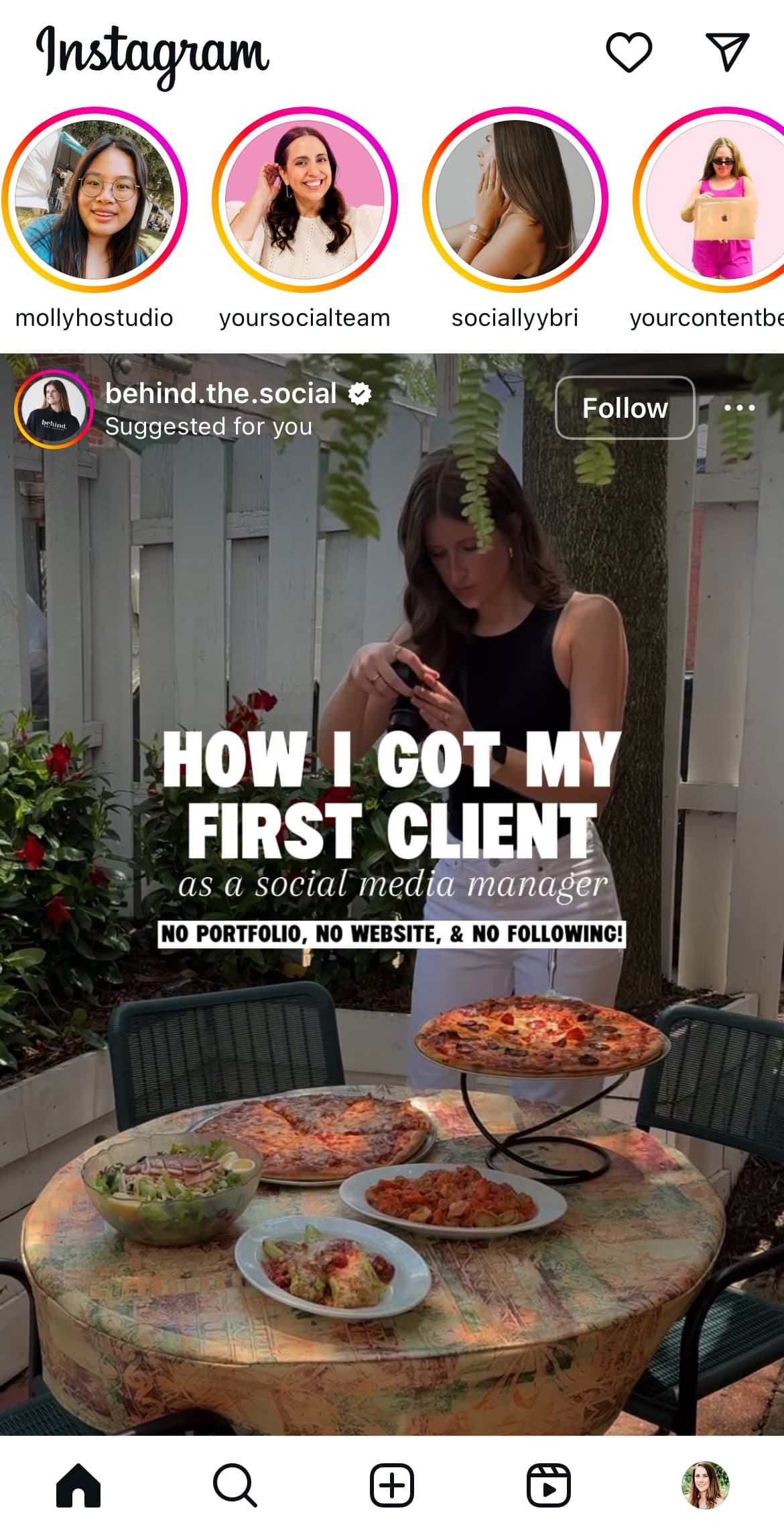 A screenshot of the Instagram feed open to the home page and the DM icon in the top right corner.