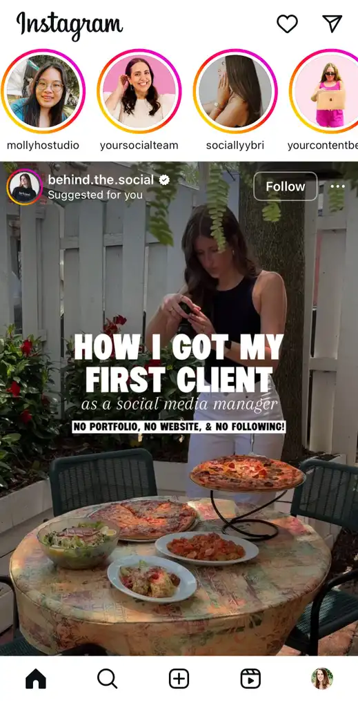 A screenshot of the Instagram feed open to the home page and the DM icon in the top right corner.
