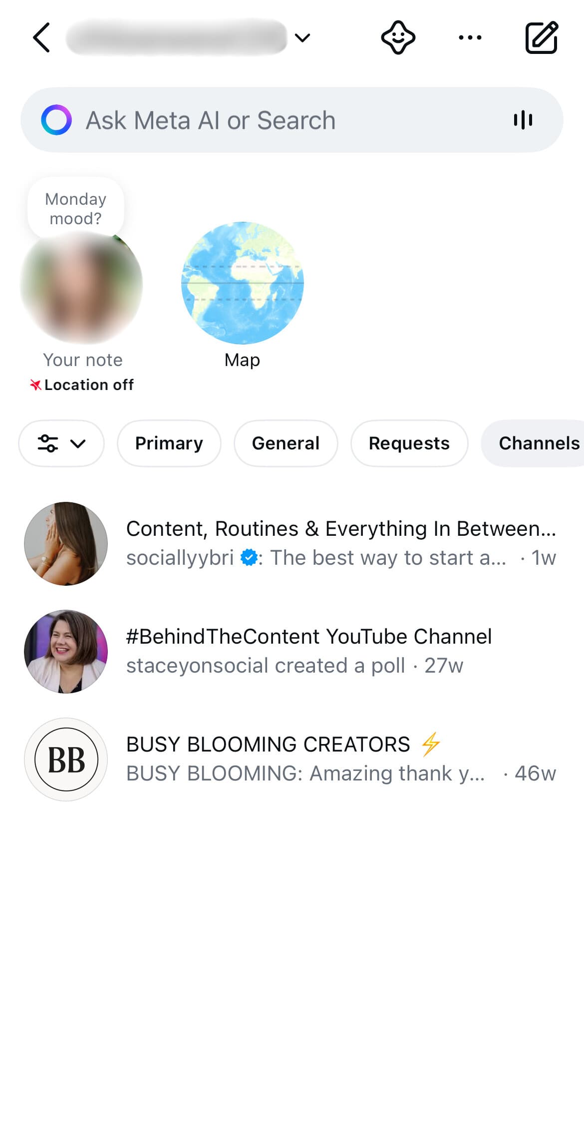 A screenshot of the Channels tab in Instagram messages.