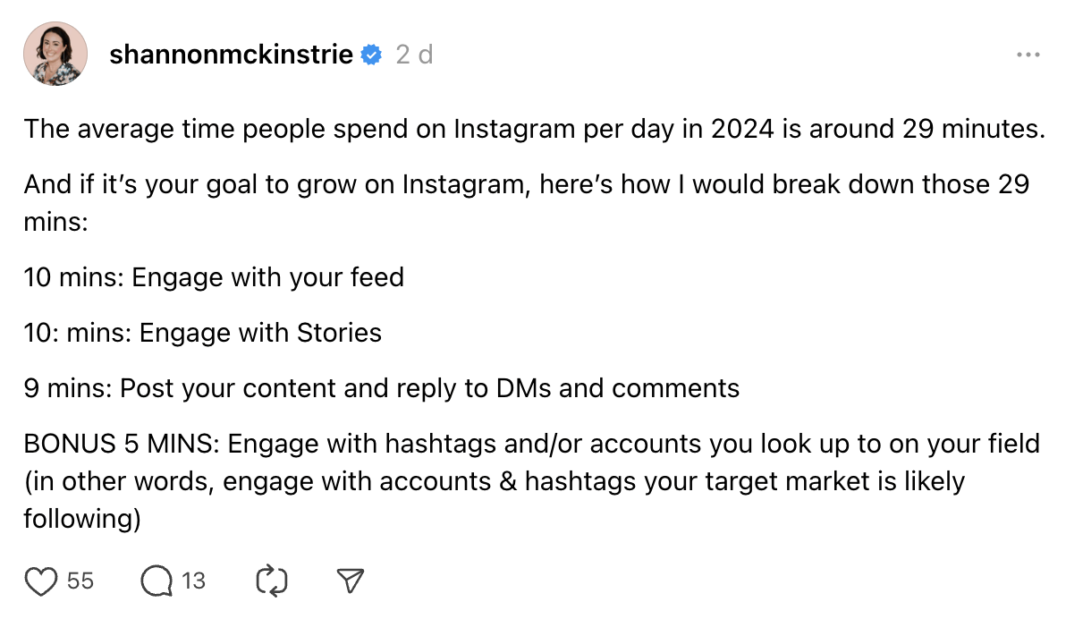 7 Creators on Threads Worth Watching. Shannon breaks down how time spent on Instagram can be replaced with social media management in a Thread post.