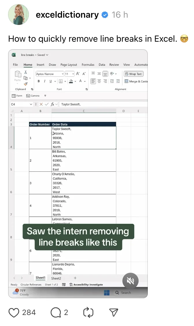 7 Creators on Threads Worth Watching. Emma from Excel Dictionary Threads' post shares a tip for Excel.