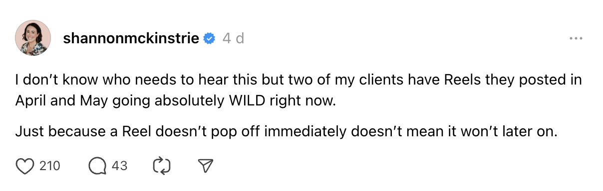 7 Creators on Threads Worth Watching. Shannon Mckinstrie Threa sharing a lesson learned from experience with her clients' Reels.