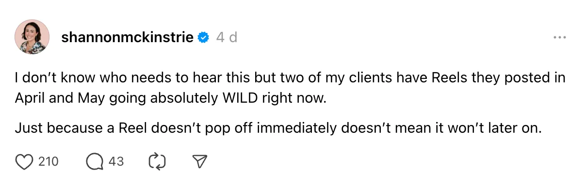 7 Creators on Threads Worth Watching. Shannon Mckinstrie Threa sharing a lesson learned from experience with her clients' Reels.