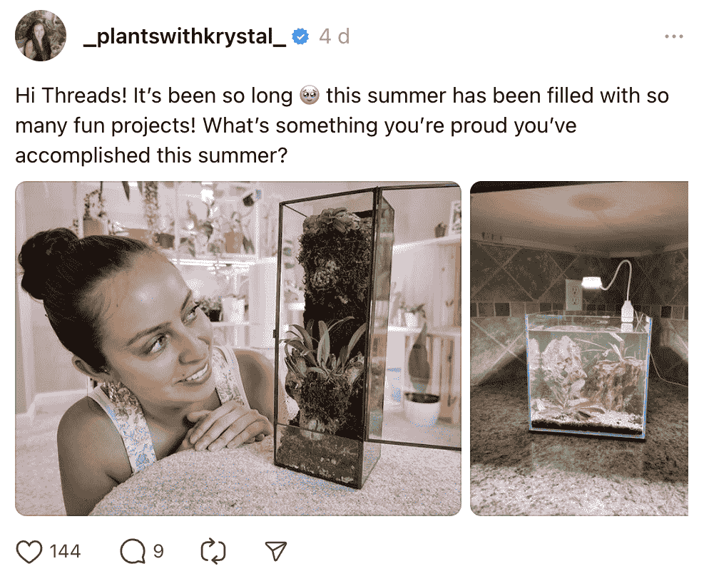 7 Creators on Threads Worth Watching. Krystal's post on Threads shows plant terariums and asks a question to engage with her audience.