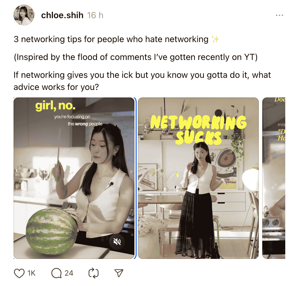 7 Creators on Threads Worth Watching. Chloe Shih's post on Threads connects with people in corporate who feel the need to network.