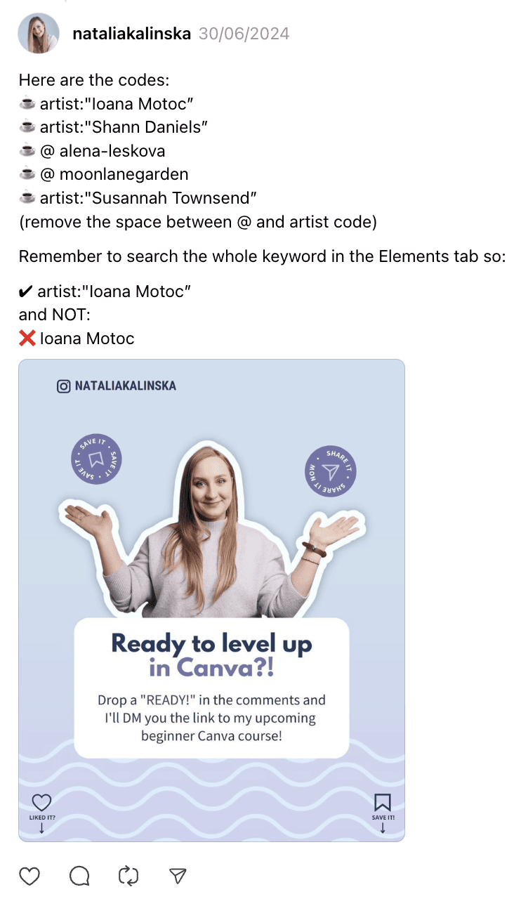 7 Creators on Threads Worth Watching. Natalia's post on Threads shares codes to use in Canva.
