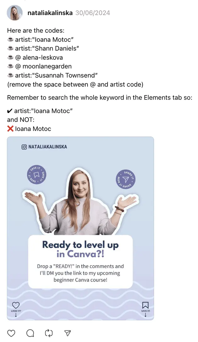 7 Creators on Threads Worth Watching. Natalia's post on Threads shares codes to use in Canva.