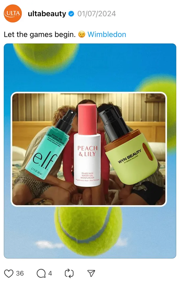 How These 7 Brands Are Growing on Threads. Ulta Beauty uses the current Wimbledon tennis tournament as to relate to their audience with their skincare products.