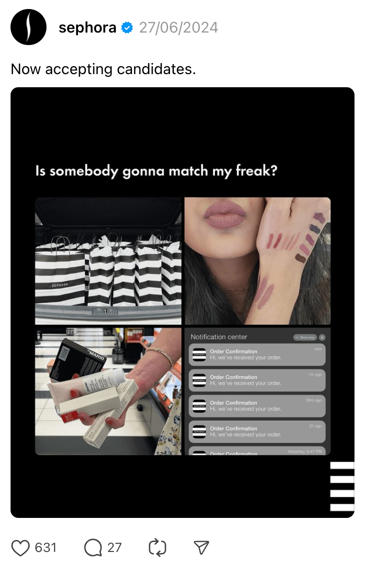 How These 7 Brands Are Growing on Threads. Sephora posts a Thread relating to the trending song lyric "Is somebody gonna match my freak?" by Tinashe to draw in beauty lovers.