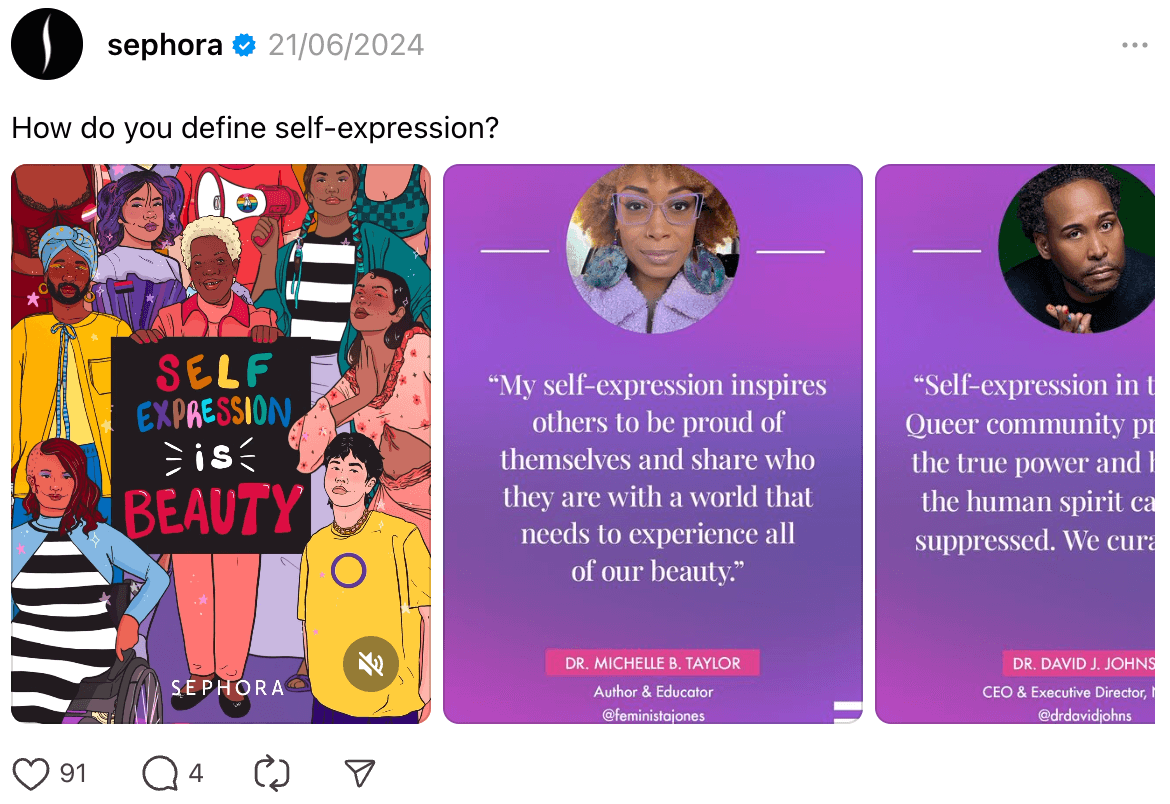 How These 7 Brands Are Growing on Threads. Sephora posts a Thread asking their community about how they define self-expression accompanied by a carousel of images for visual impact.