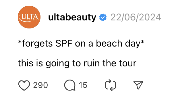 How These 7 Brands Are Growing on Threads. Ulta beauty relates to Justin Timberlake's funny meme about ruining the world tour to forgetting SPF.
