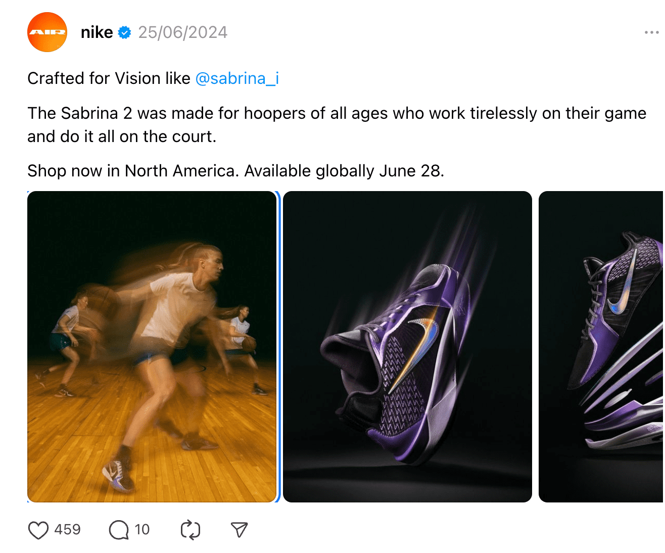 How These 7 Brands Are Growing on Threads. Nike shares images from Sabrina Ionescu's ambassador line to share the launch of her shoes.
