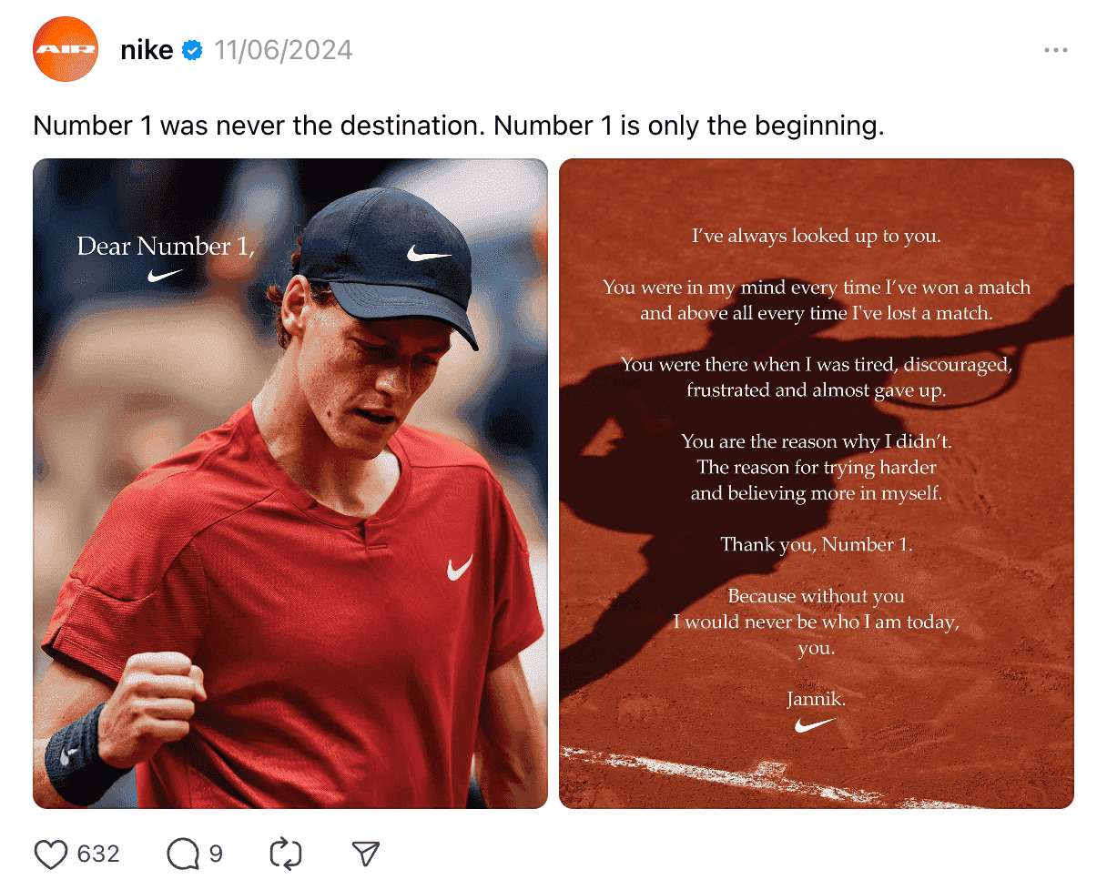 How These 7 Brands Are Growing on Threads. Nike shares a quote by tennis player Jannik Sinner relating to the Wimbledon tennis tournament.