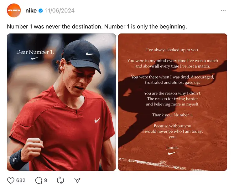 How These 7 Brands Are Growing on Threads. Nike shares a quote by tennis player Jannik Sinner relating to the Wimbledon tennis tournament.