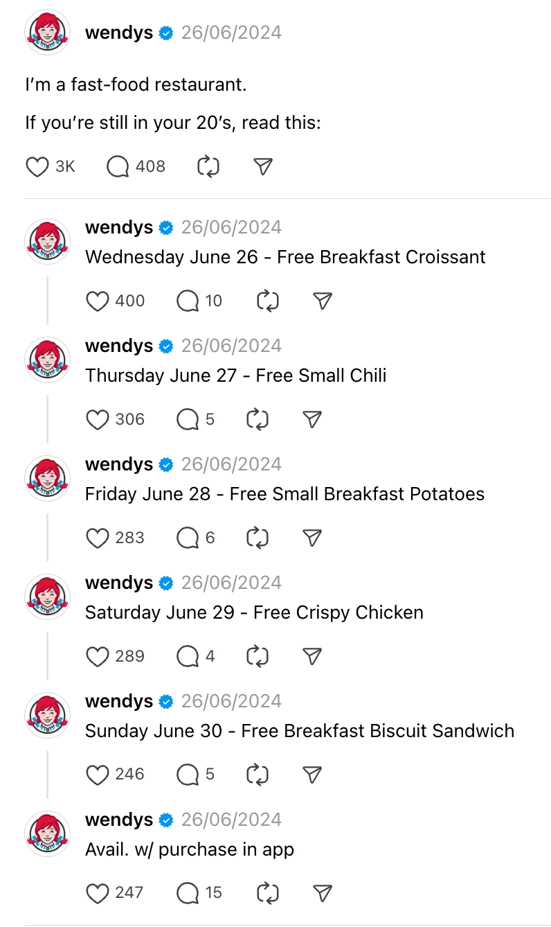 How These 7 Brands Are Growing on Threads. Wendy's posts on Threads relating to people in their 20's by sharing replies with deals for each day of the week.