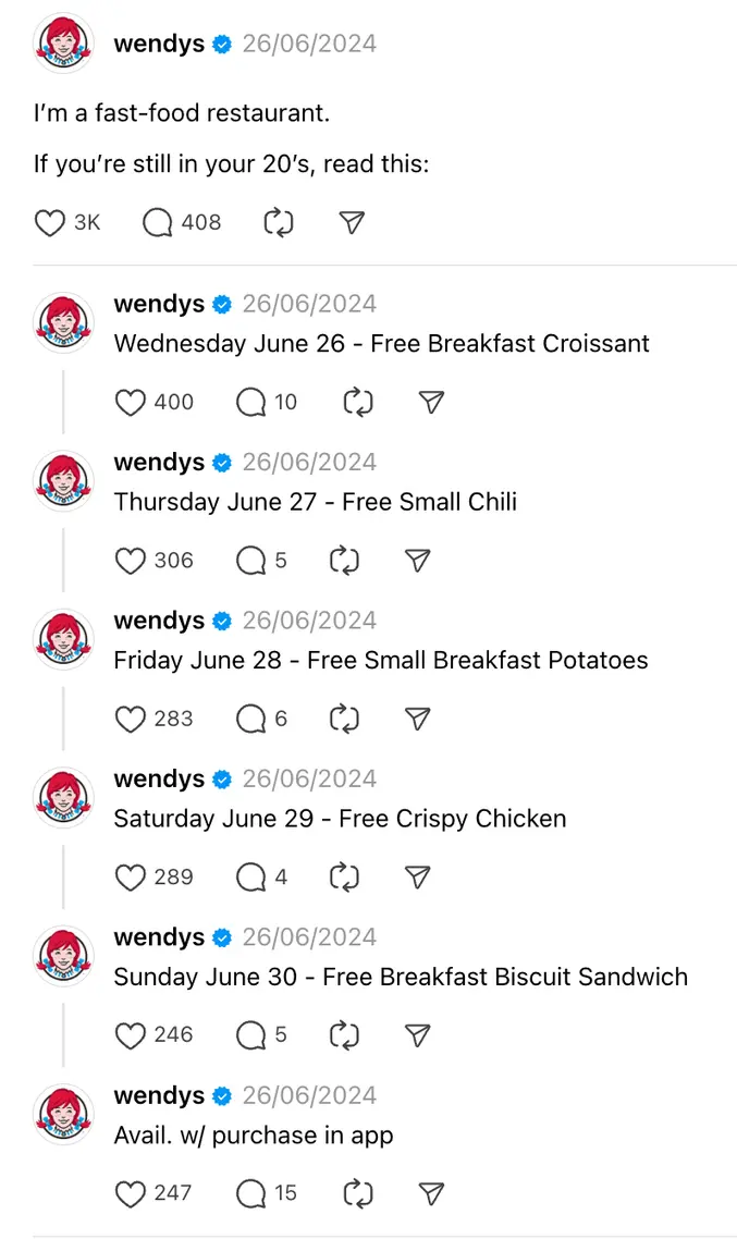 How These 7 Brands Are Growing on Threads. Wendy's posts on Threads relating to people in their 20's by sharing replies with deals for each day of the week.