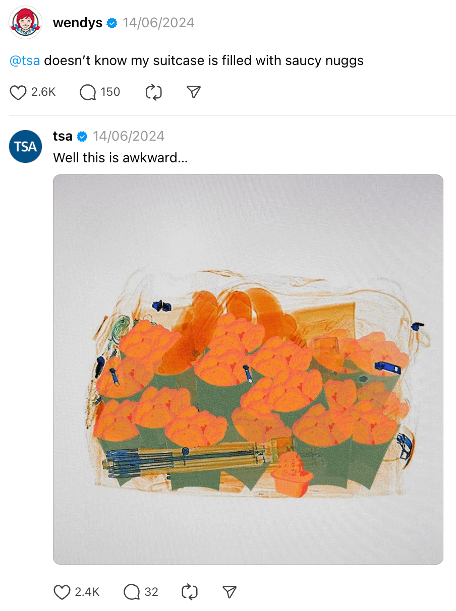 How These 7 Brands Are Growing on Threads. Wendy's Thread jokes about going through TSA at the airport with a suitcase full of chicken nuggets.