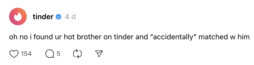 How These 7 Brands Are Growing on Threads. Tinder posts on Threads humurously promoting the app's social dynamics through a dating mishap.