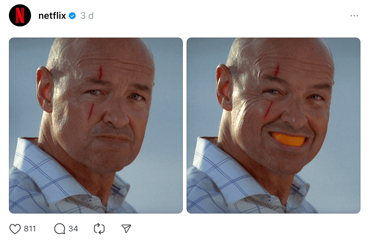How These 7 Brands Are Growing on Threads. Netflix's Threads post humorously shows the show 'Lost' character John Locke with a serious face next to the same picture with an orange slice smiling.