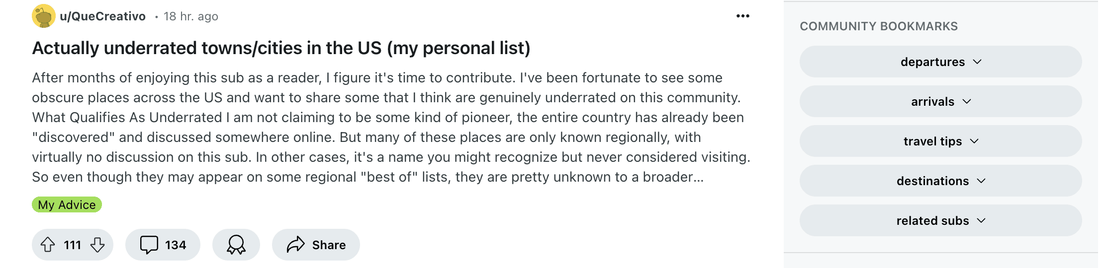 Travel subreddit page. A user shares their list of underrated towns in the US.