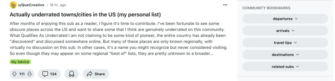 Travel subreddit page. A user shares their list of underrated towns in the US.