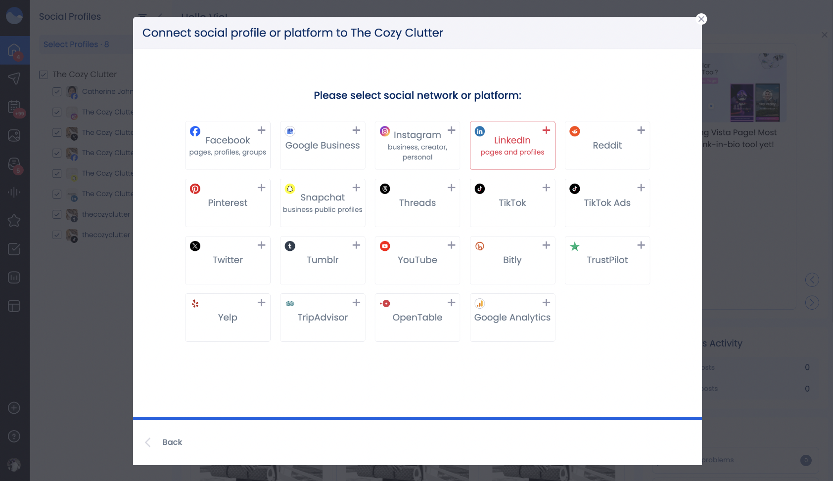 Select LinkedIn as Platform | Manage LinkedIn Personal Profiles with Vista Social