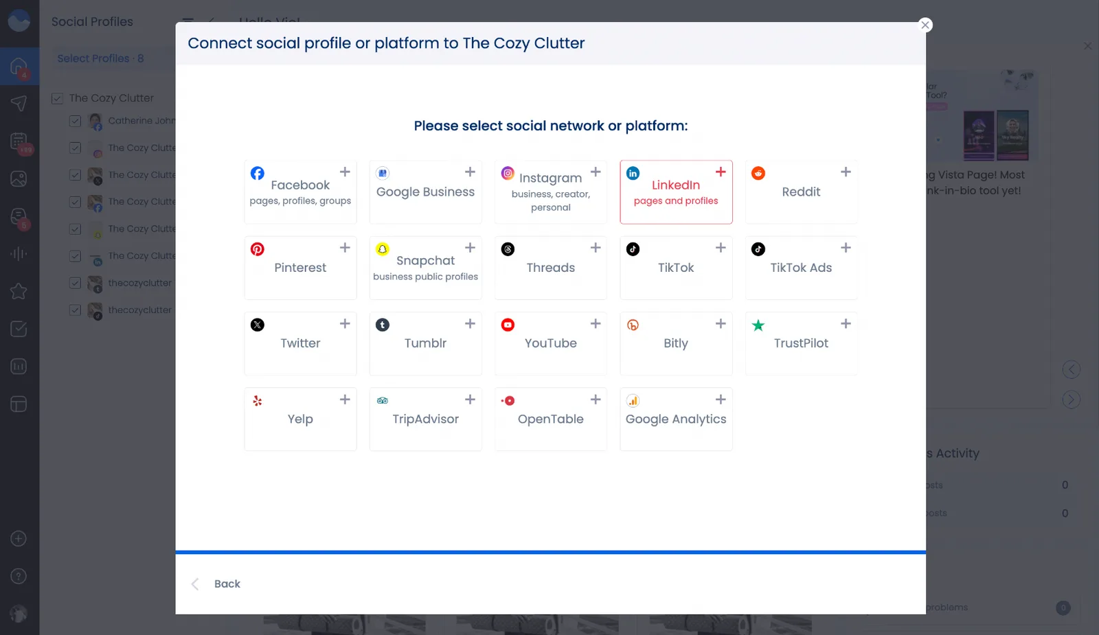 Select LinkedIn as Platform | Manage LinkedIn Personal Profiles with Vista Social
