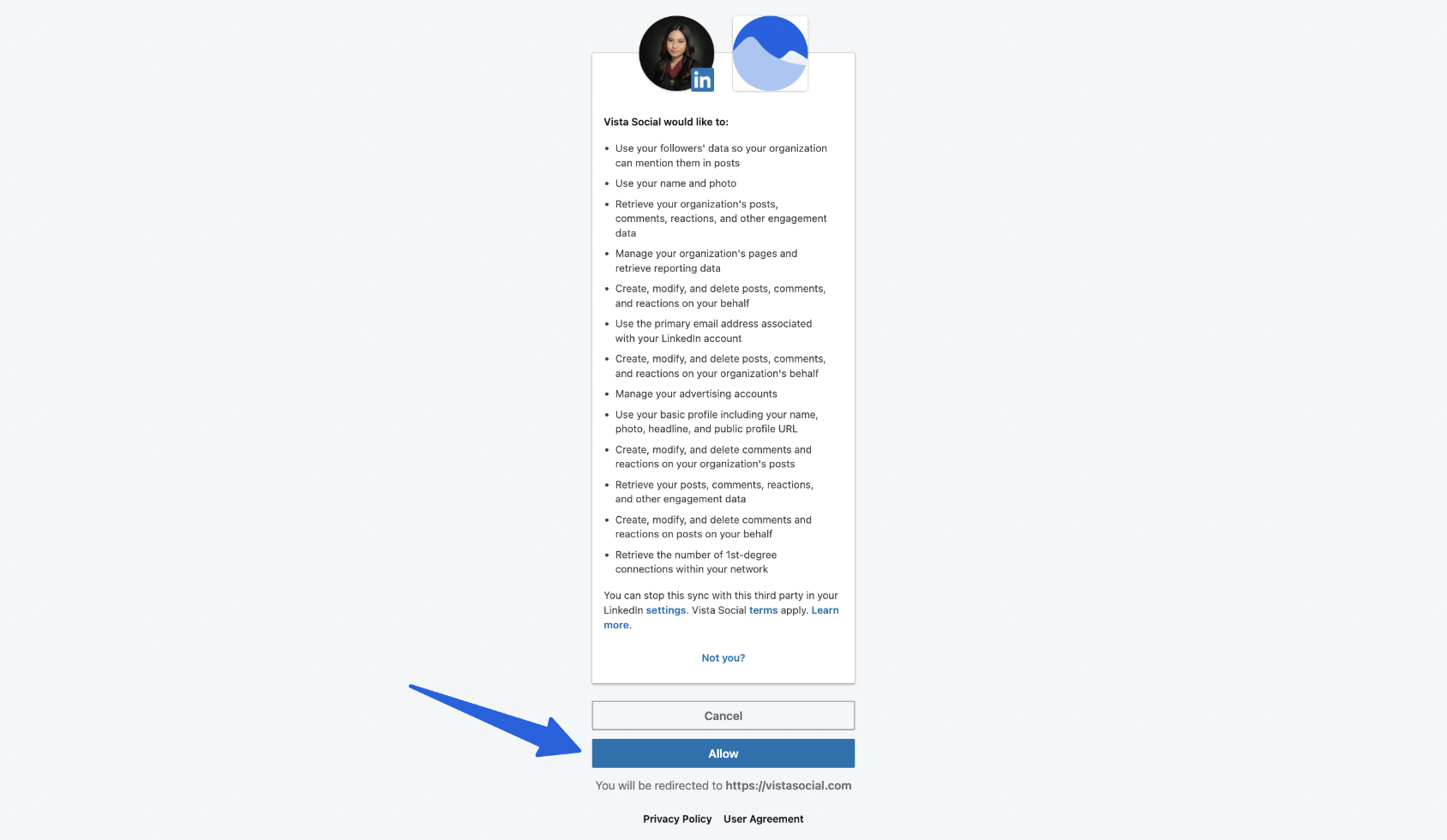 You will see an authentication notification similar to the screenshot below. Click Allow. | Manage LinkedIn Personal Profiles with Vista Social