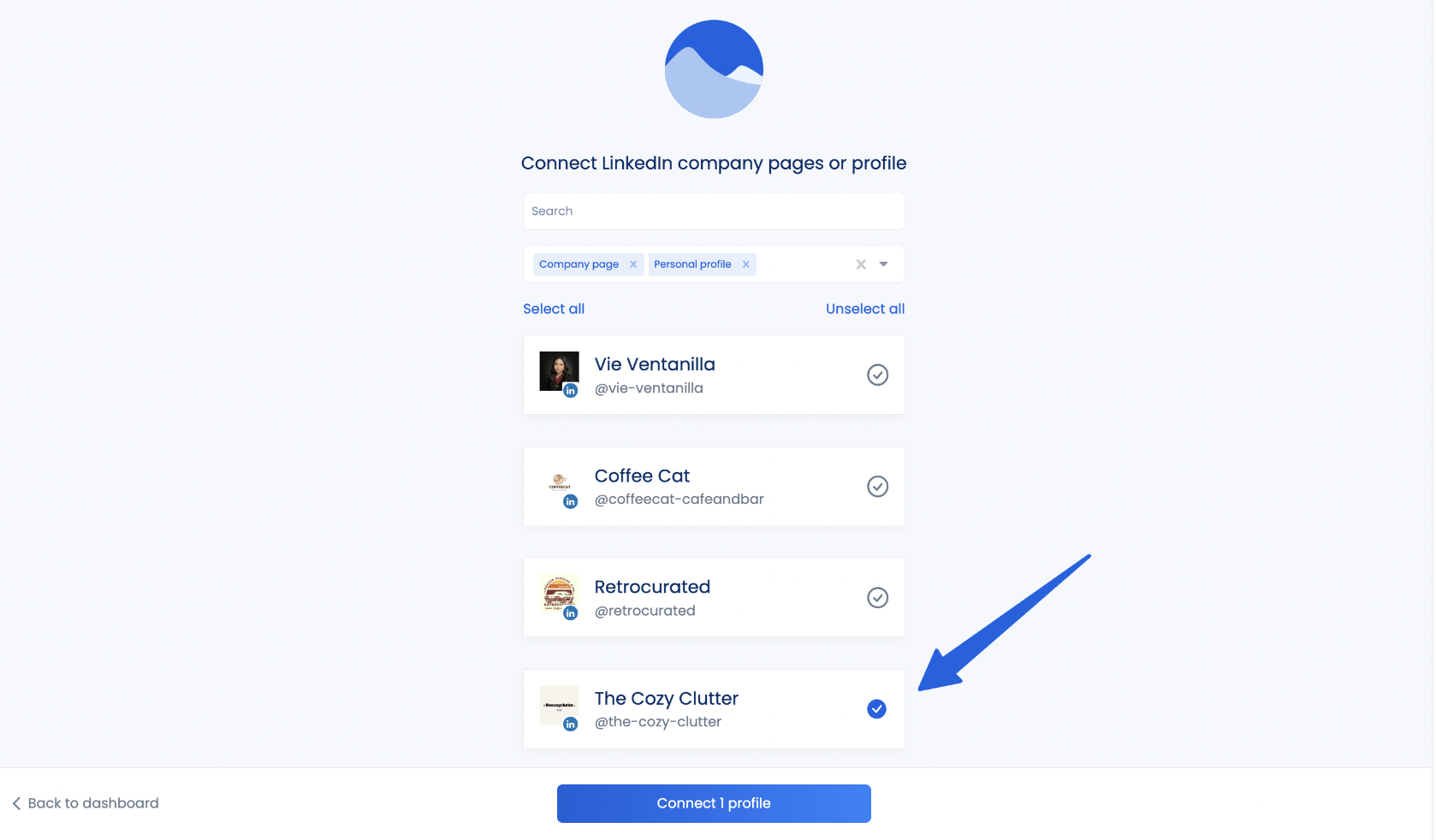 You will now see the list of LinkedIn pages you own or administer, select the page that you want to connect, and click the Connect button at the bottom of the screen. | Manage LinkedIn Personal Profiles with Vista Social