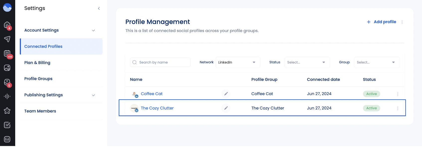 Once the profile is successfully connected you will get a notification and the profile will appear under Profile Management. | Manage LinkedIn Personal Profiles with Vista Social