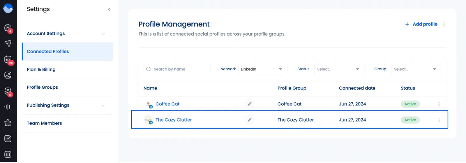 Once the profile is successfully connected you will get a notification and the profile will appear under Profile Management. | Manage LinkedIn Personal Profiles with Vista Social