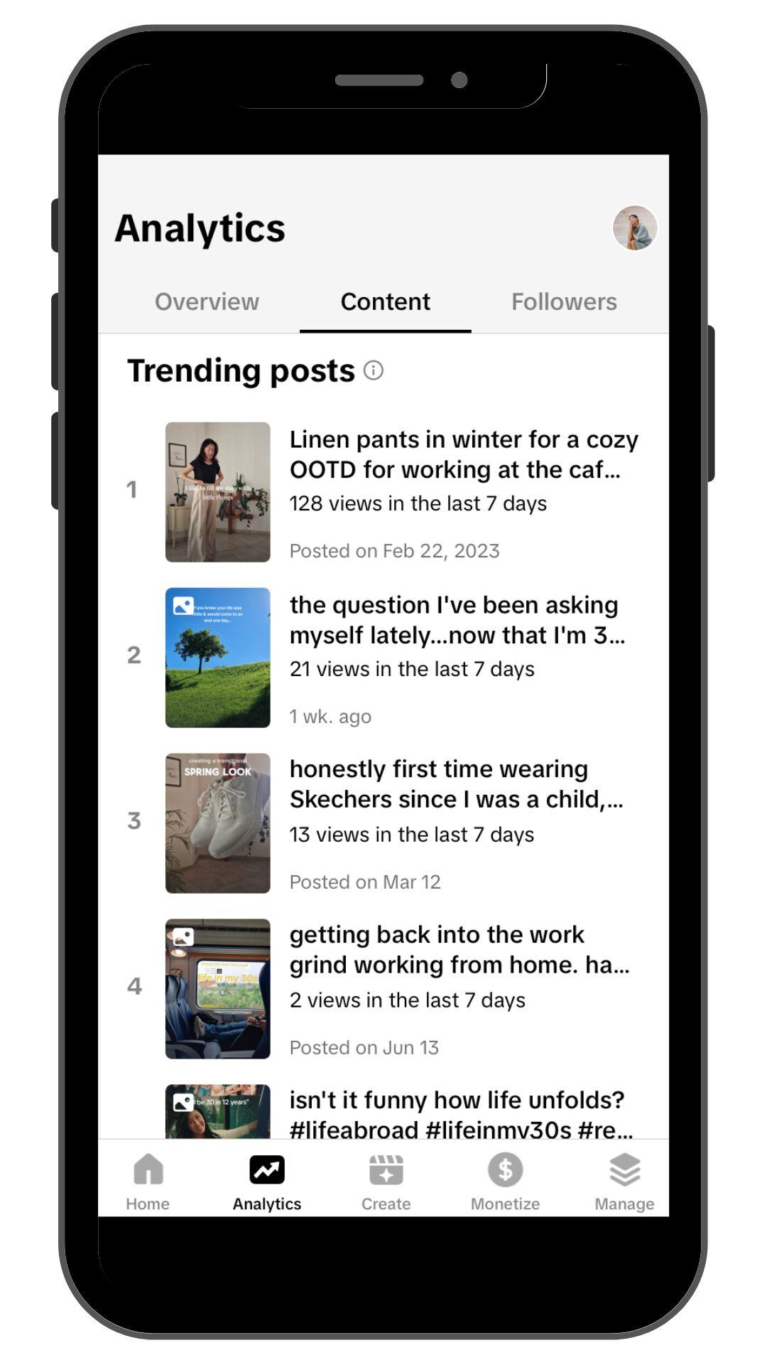 Master TikTok Content Creation with TikTok Studio. TikTok Studio app analytics page, content tab.