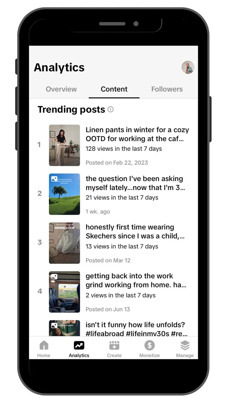 Master TikTok Content Creation with TikTok Studio. TikTok Studio app analytics page, content tab.