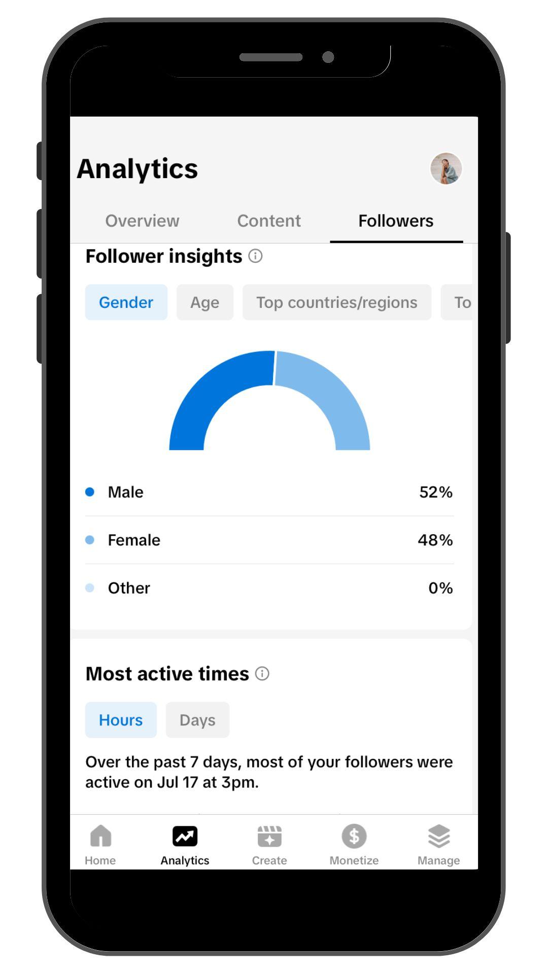 Master TikTok Content Creation with TikTok Studio. TikTok Studio app Analytics page, followers tab.