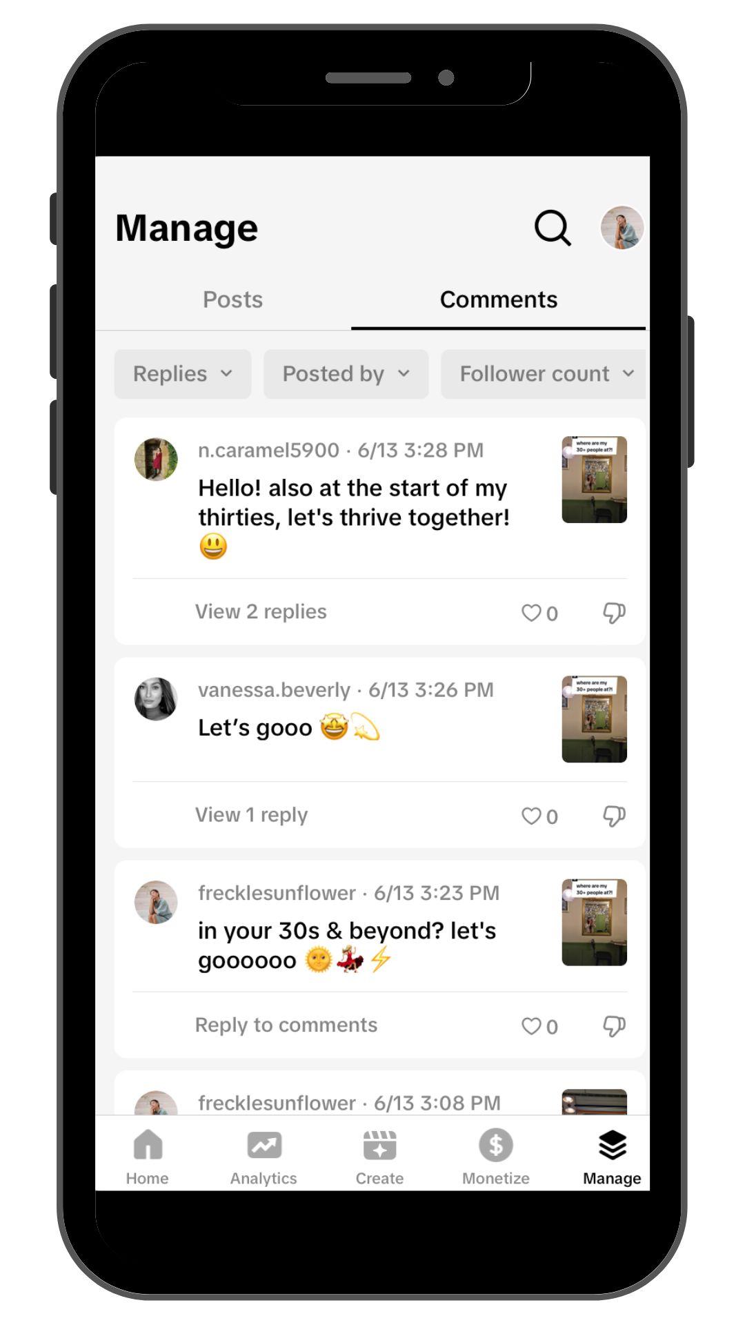 Master TikTok Content Creation with TikTok Studio. TikTok Studio Manage page, comments tab.