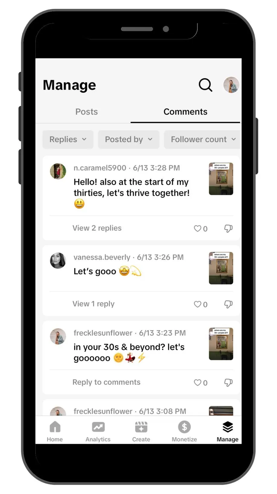 Master TikTok Content Creation with TikTok Studio. TikTok Studio Manage page, comments tab.