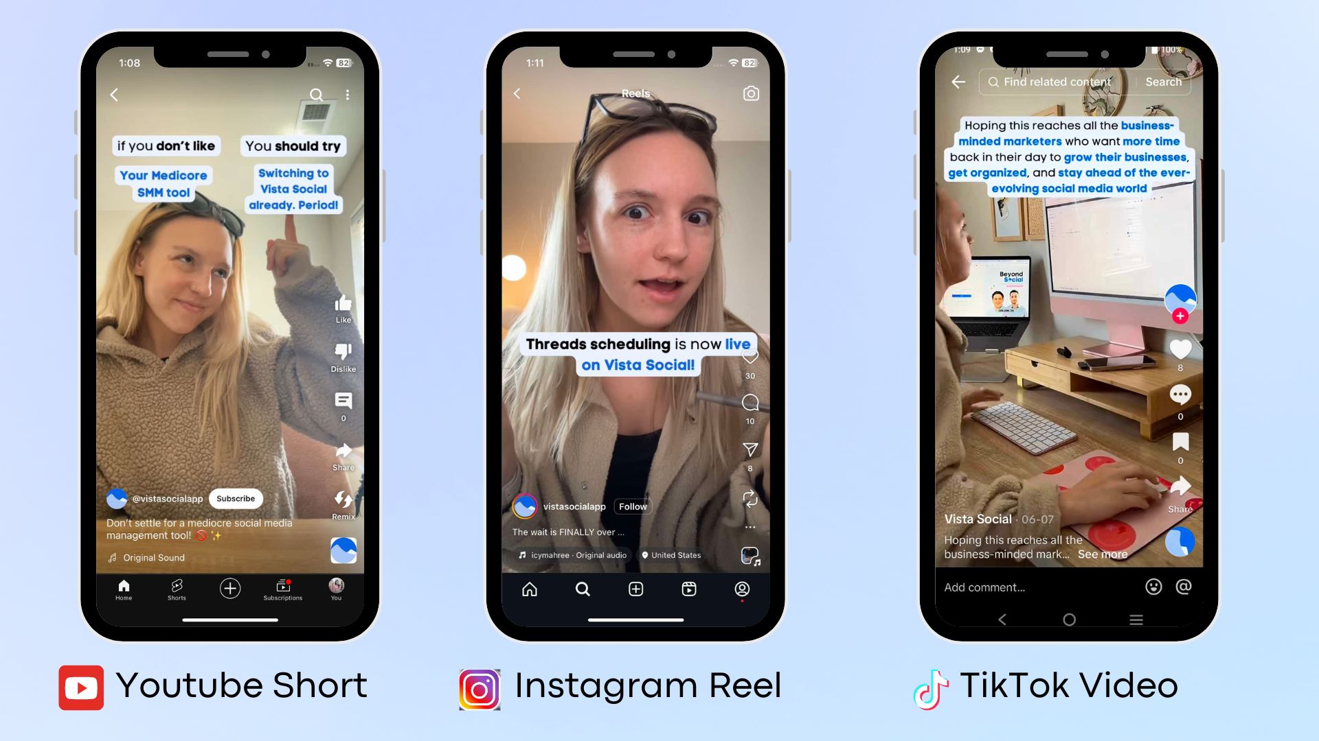 Top Social Media Marketing Trends for 2024. Three phones show the use of short-form video across YouTube, Instagram, and TikTok.
