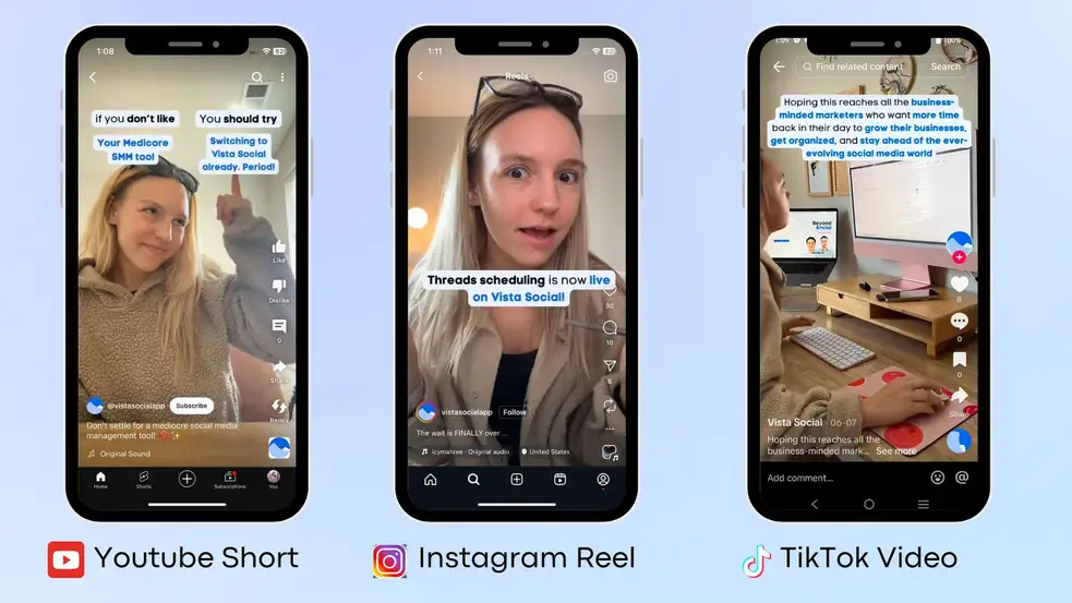 Top Social Media Marketing Trends for 2024. Three phones show the use of short-form video across YouTube, Instagram, and TikTok.