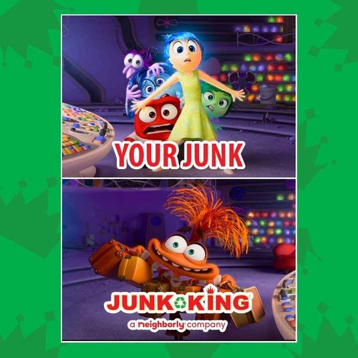 Trending Now: Hottest Memes Taking Over Social Media. Inside out 2 meme created by the conpany Junk King showing the emotions labeled as "your junk" and another emotion as the "junk king" carrying a lot of bags.