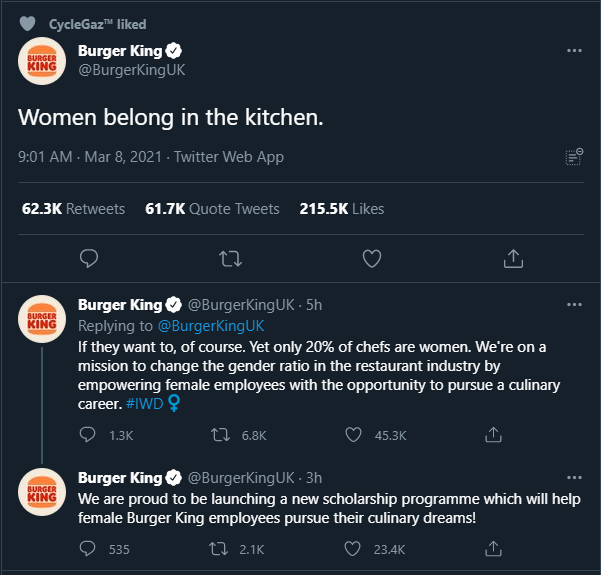 Social media mistakes, Burger King's Women's Day Tweet
